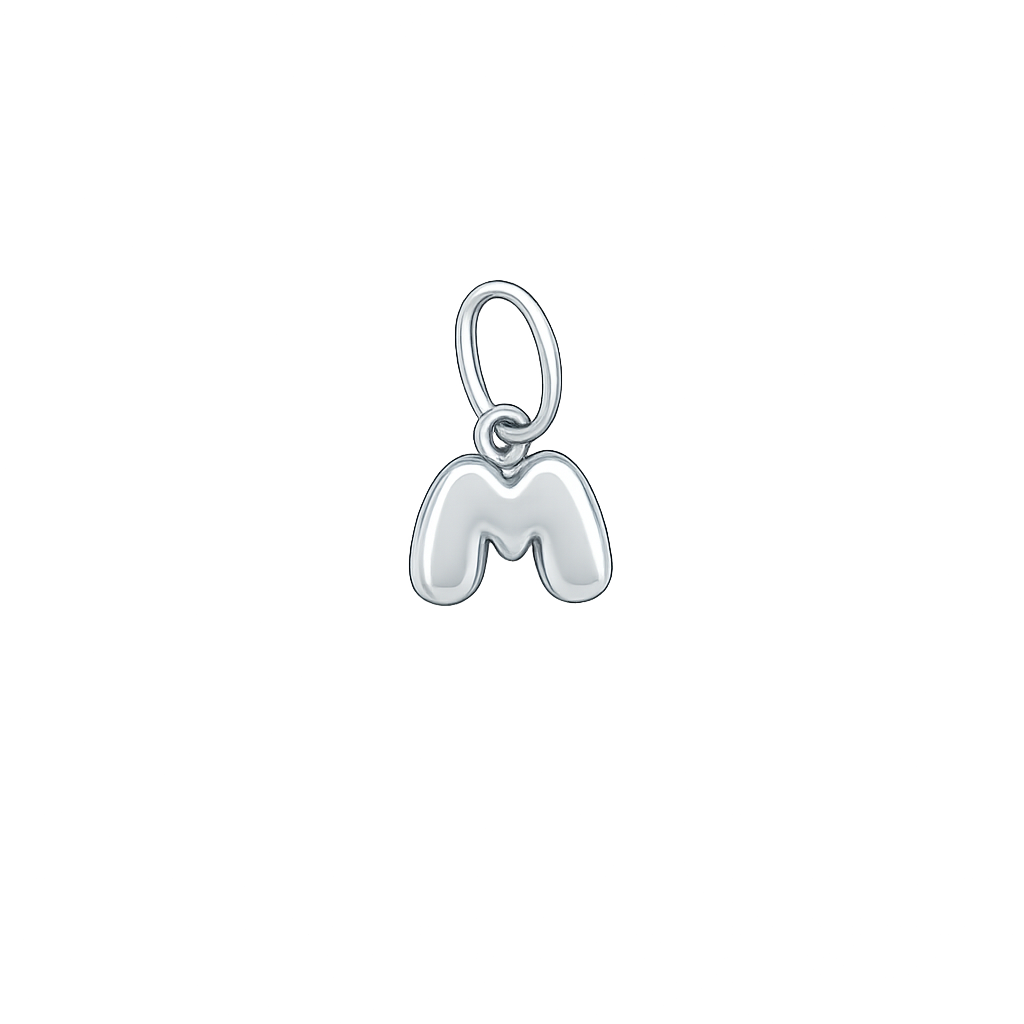 Silver letter 'M' charm on a white background