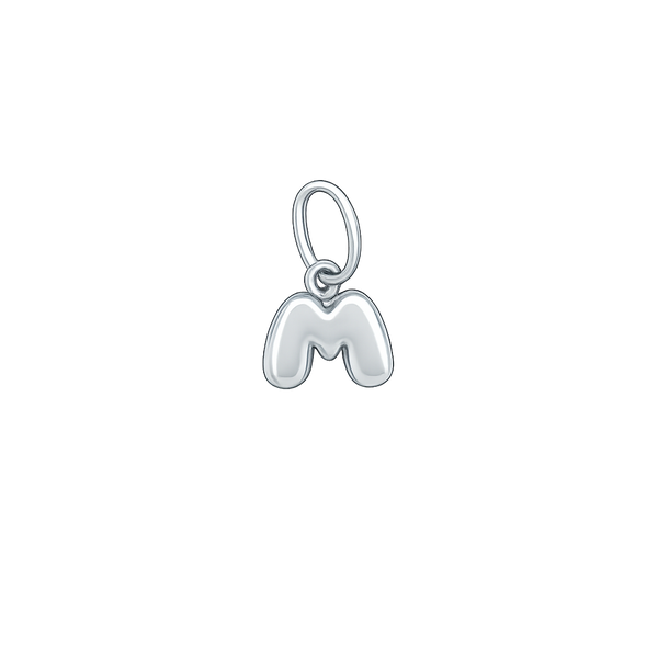 Silver letter 'M' charm on a white background
