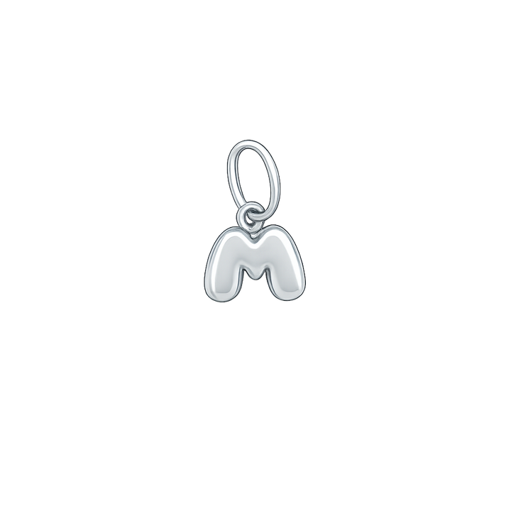 Silver letter 'M' charm on a white background