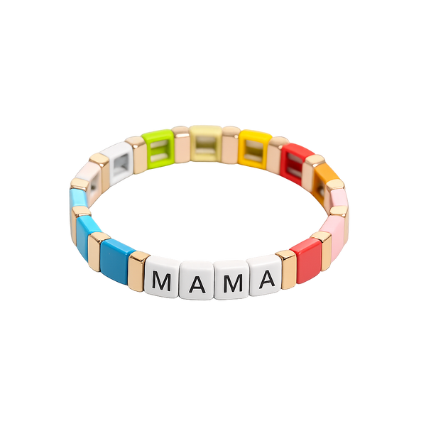 Colorful bracelet with 'MAMA' tiles on a white background