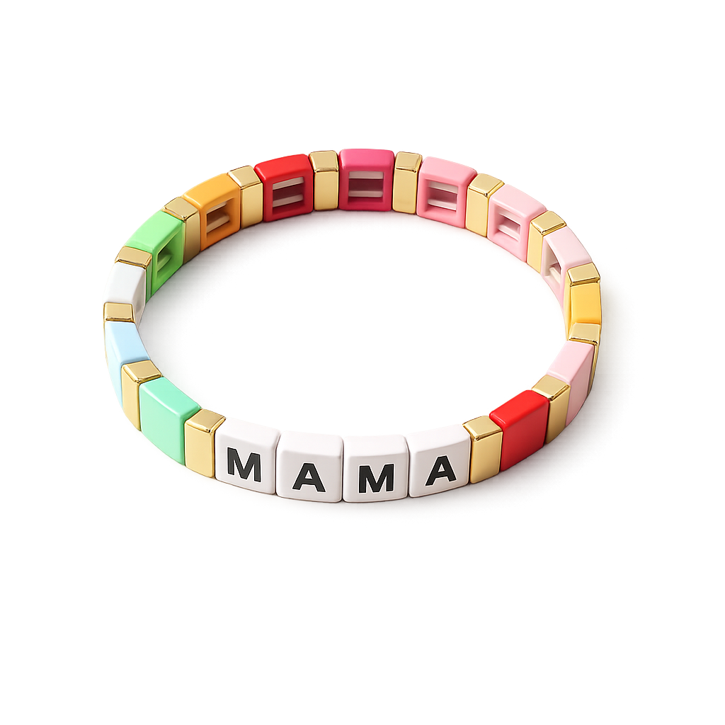 Colorful bracelet with 'MAMA' letters on a white background