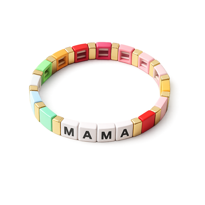 Colorful bracelet with 'MAMA' letters on a white background