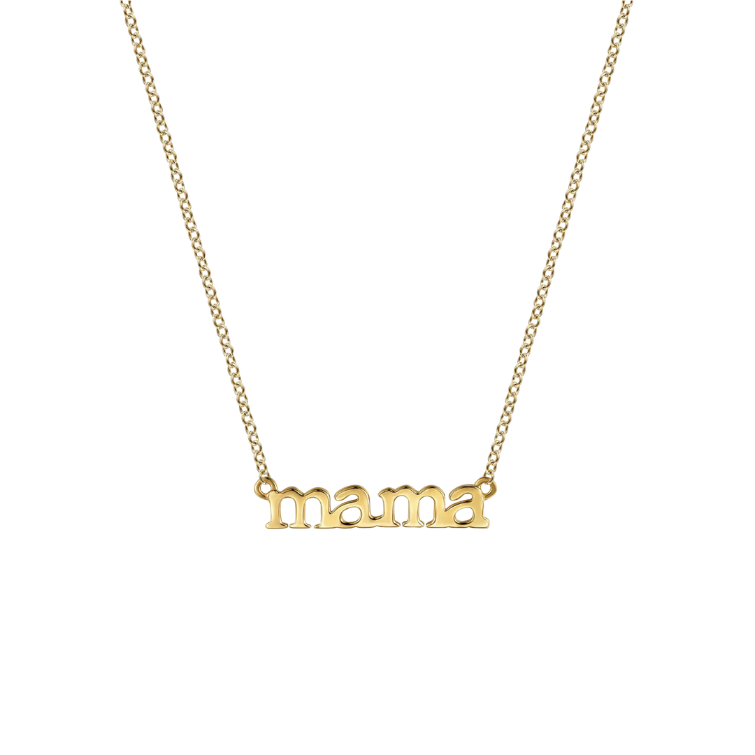 Gold 'mama' necklace on a white background