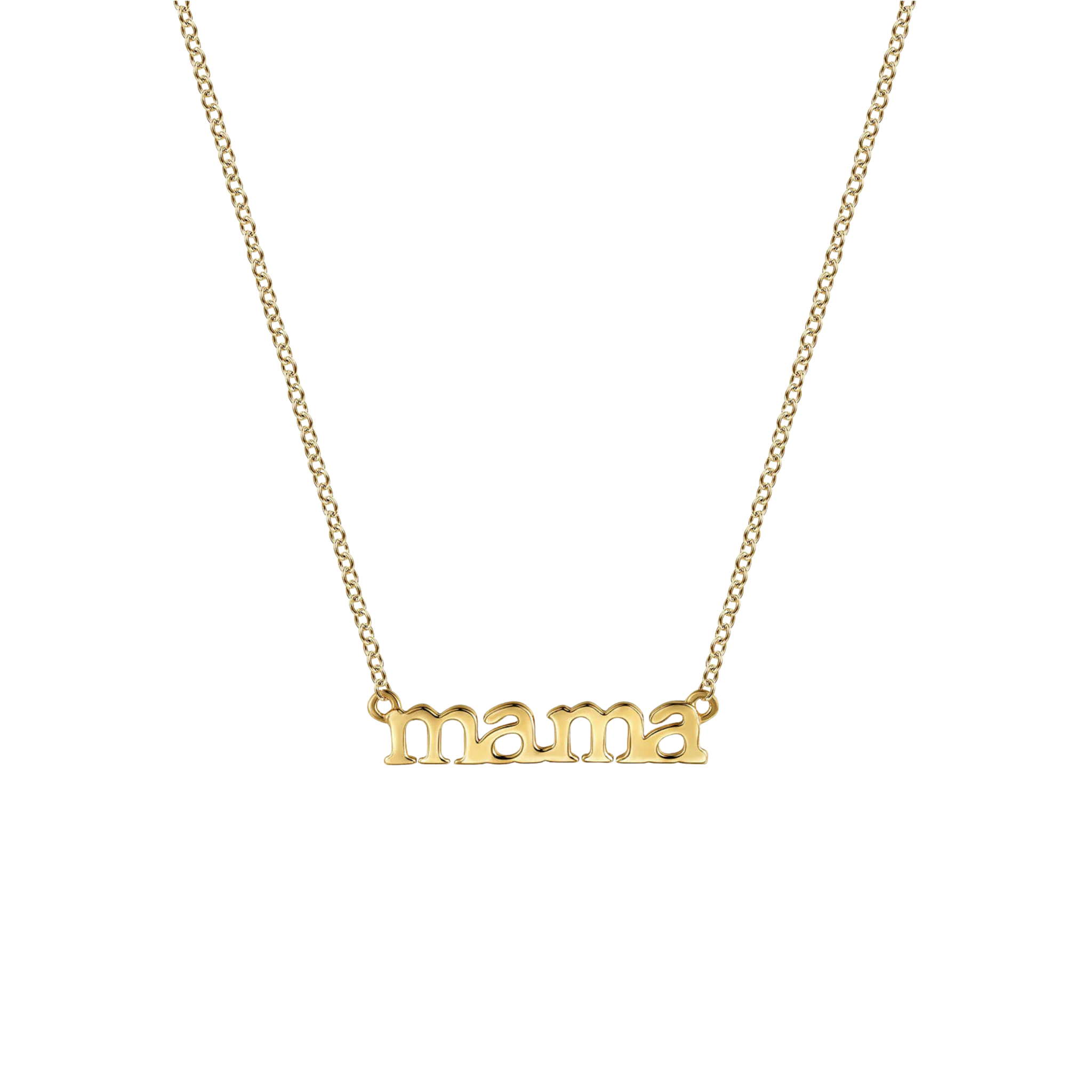 Gold 'mama' necklace on a white background