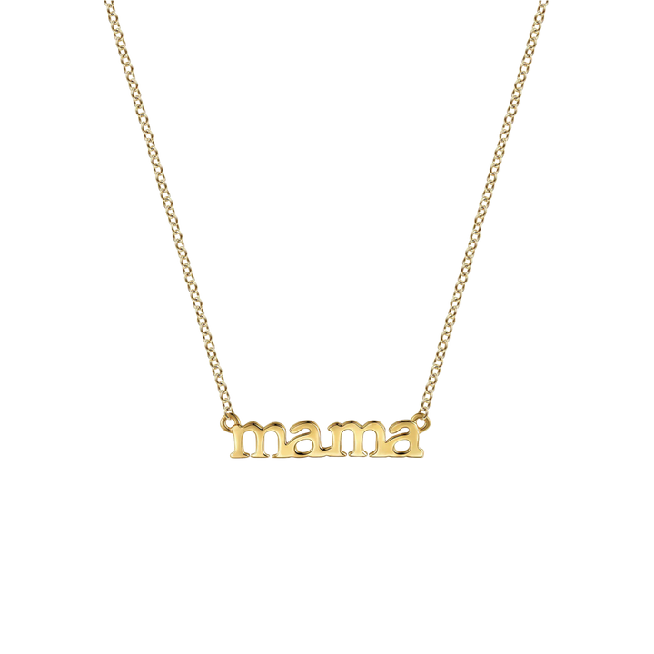 Gold 'mama' necklace on a white background