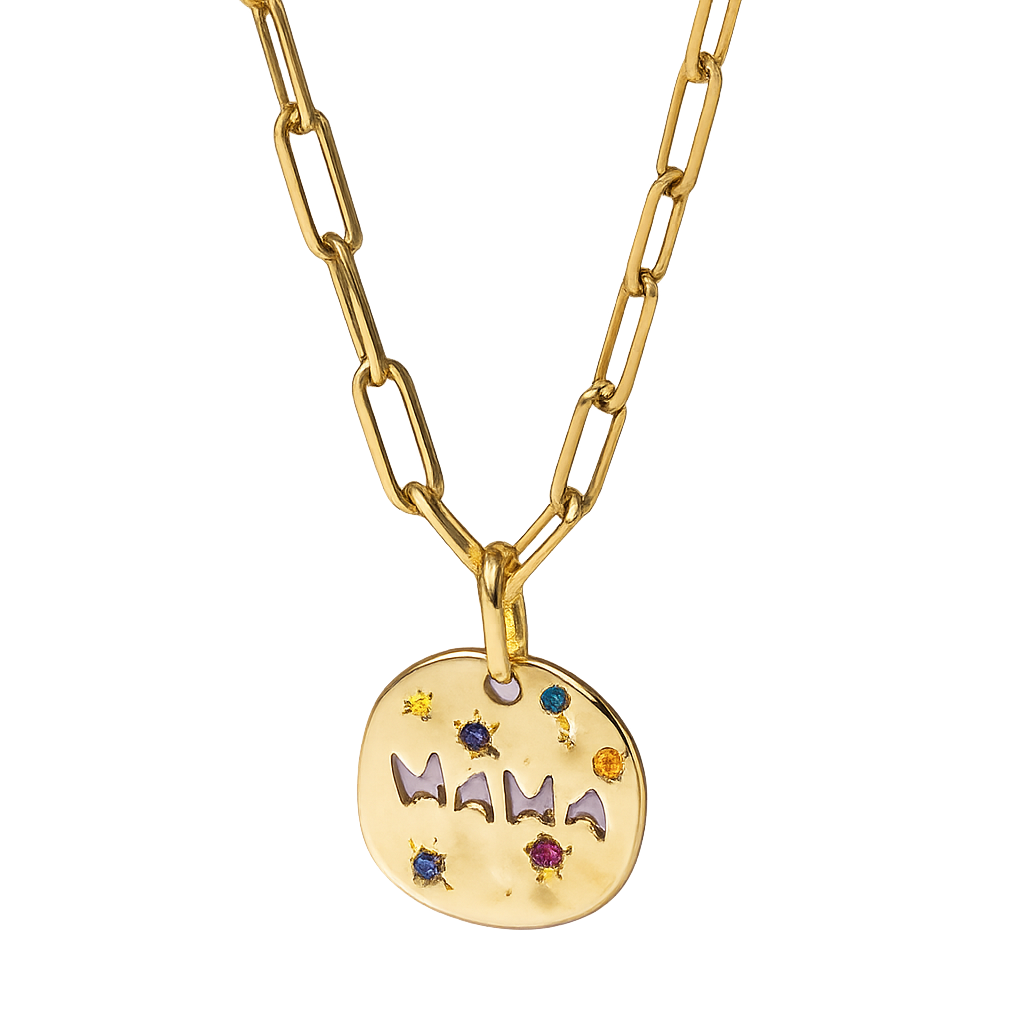 Gold necklace with a round pendant featuring the word 'Mama' and colorful stones on a white background.