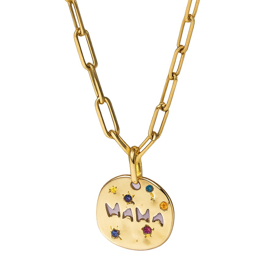 Gold necklace with a round pendant featuring the word 'Mama' and colorful stones on a white background.