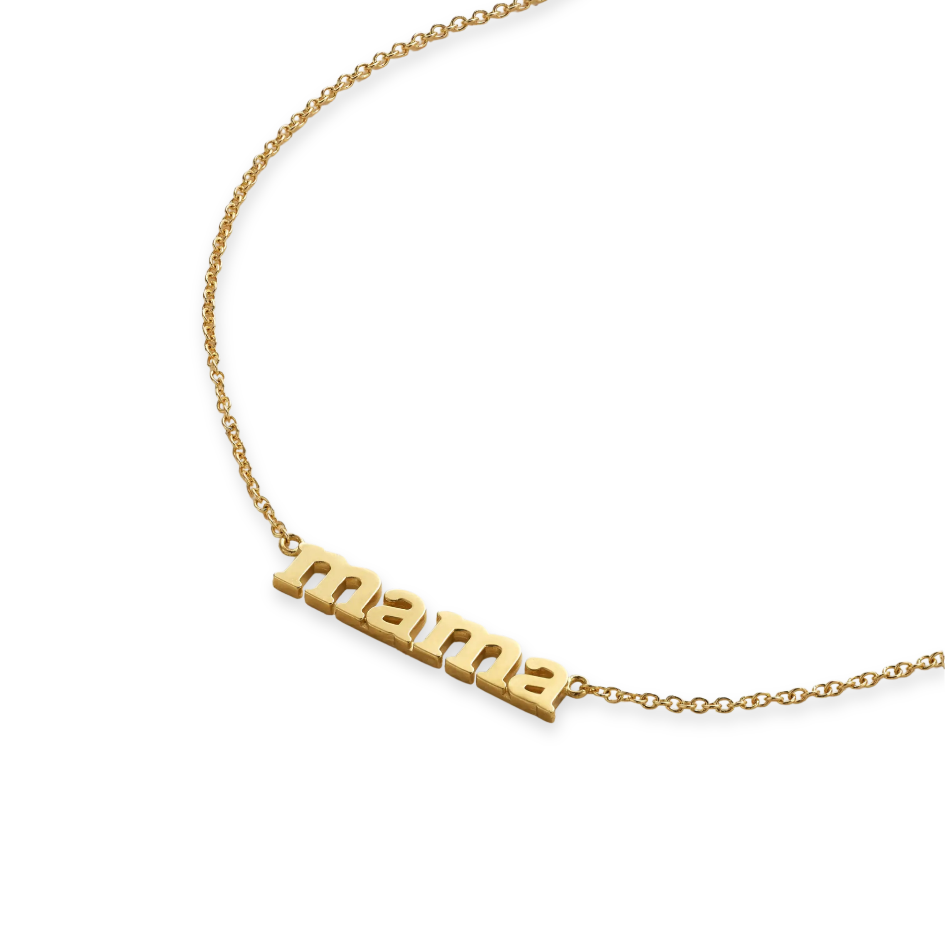 Gold necklace with 'mama' pendant on a white background