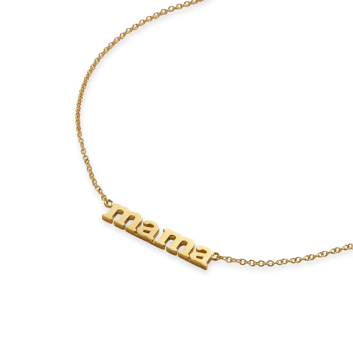 Gold necklace with 'mama' pendant on a white background