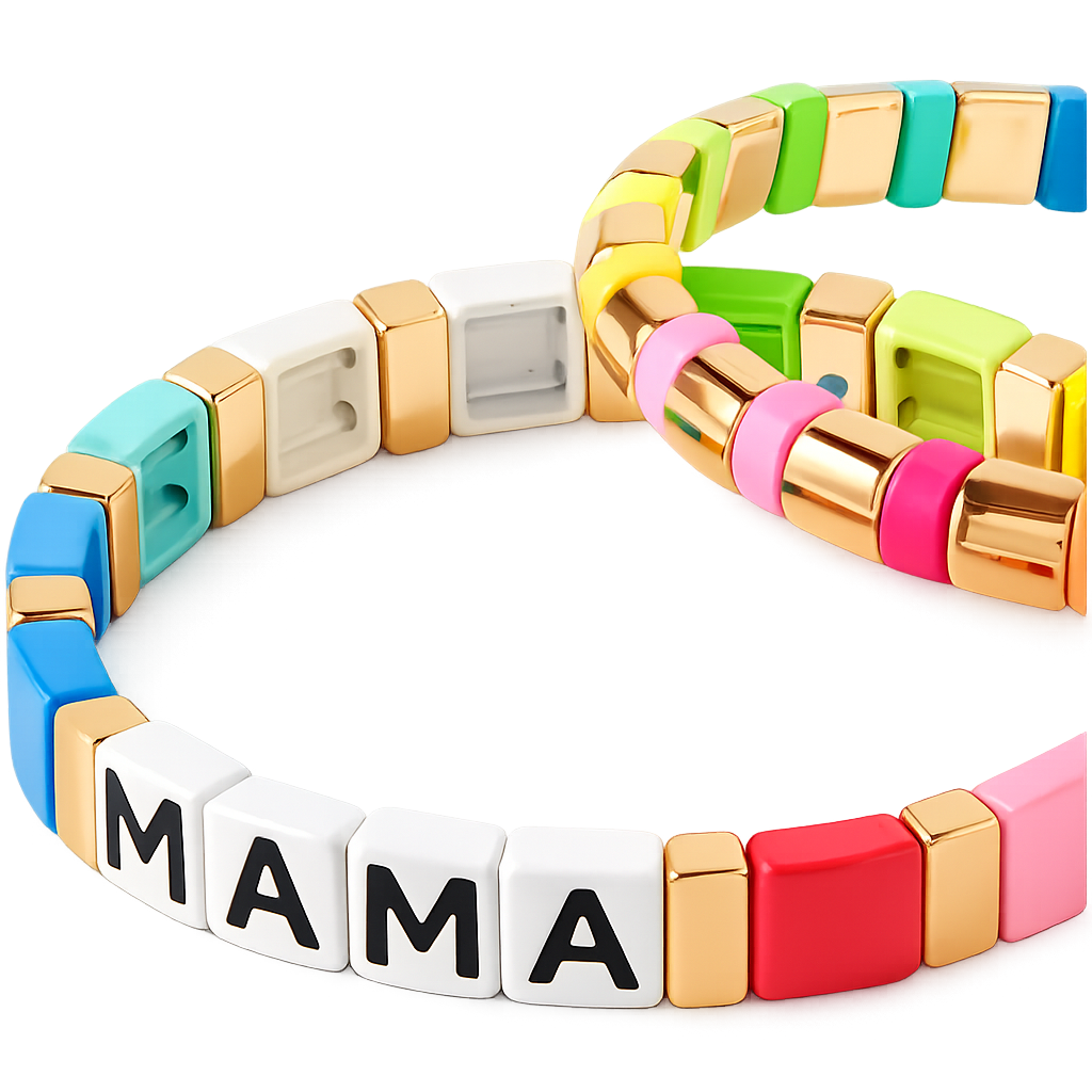 Colorful bracelet with 'MAMA' letters on a white background