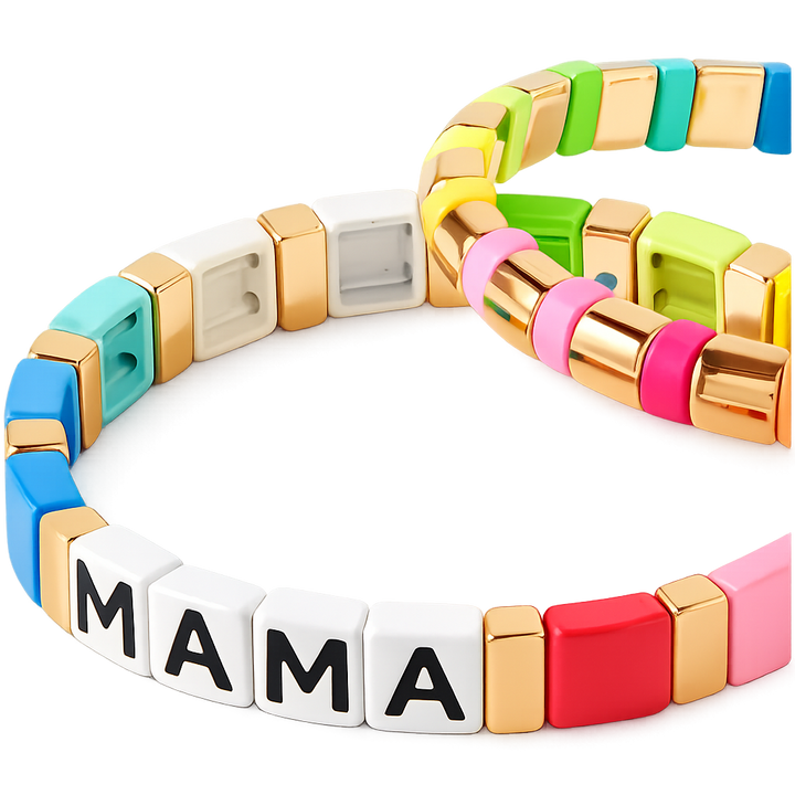 Colorful bracelet with 'MAMA' letters on a white background