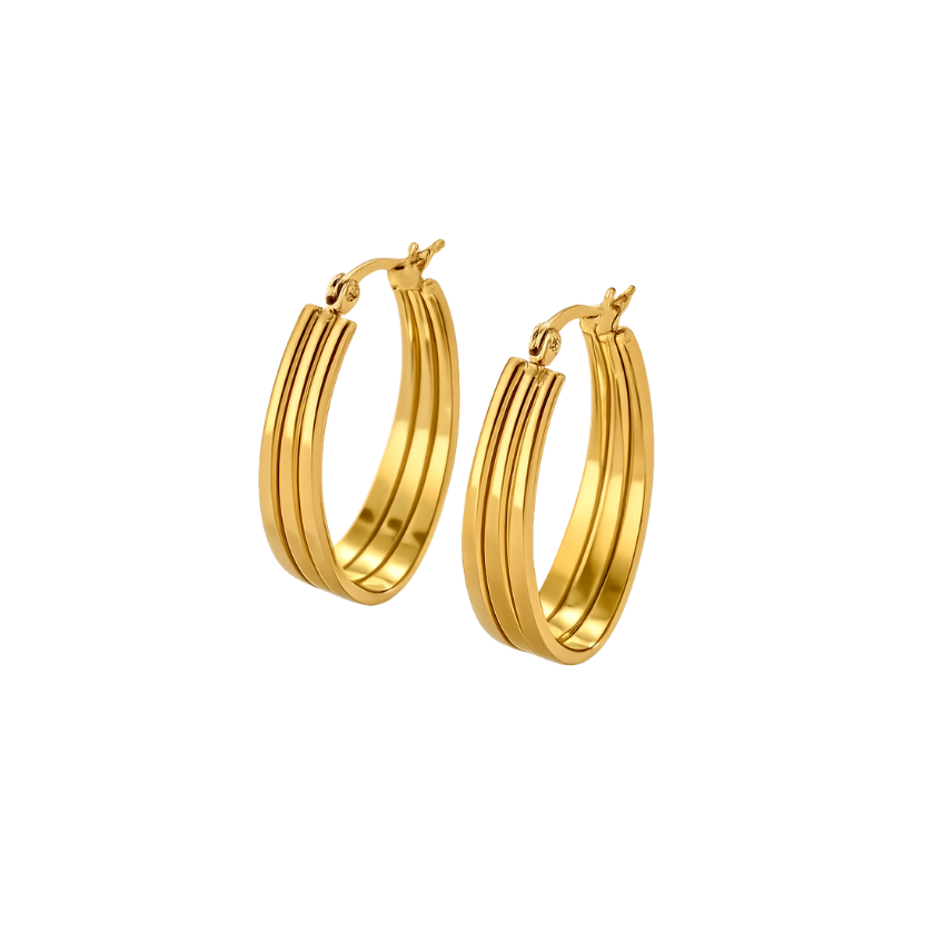 Pair of gold hoop earrings on a white background
