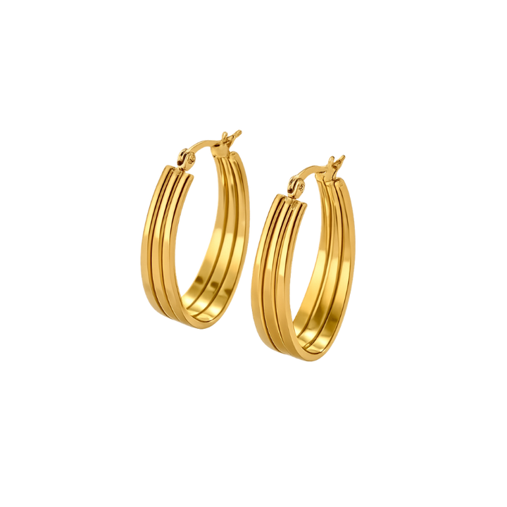 Pair of gold hoop earrings on a white background