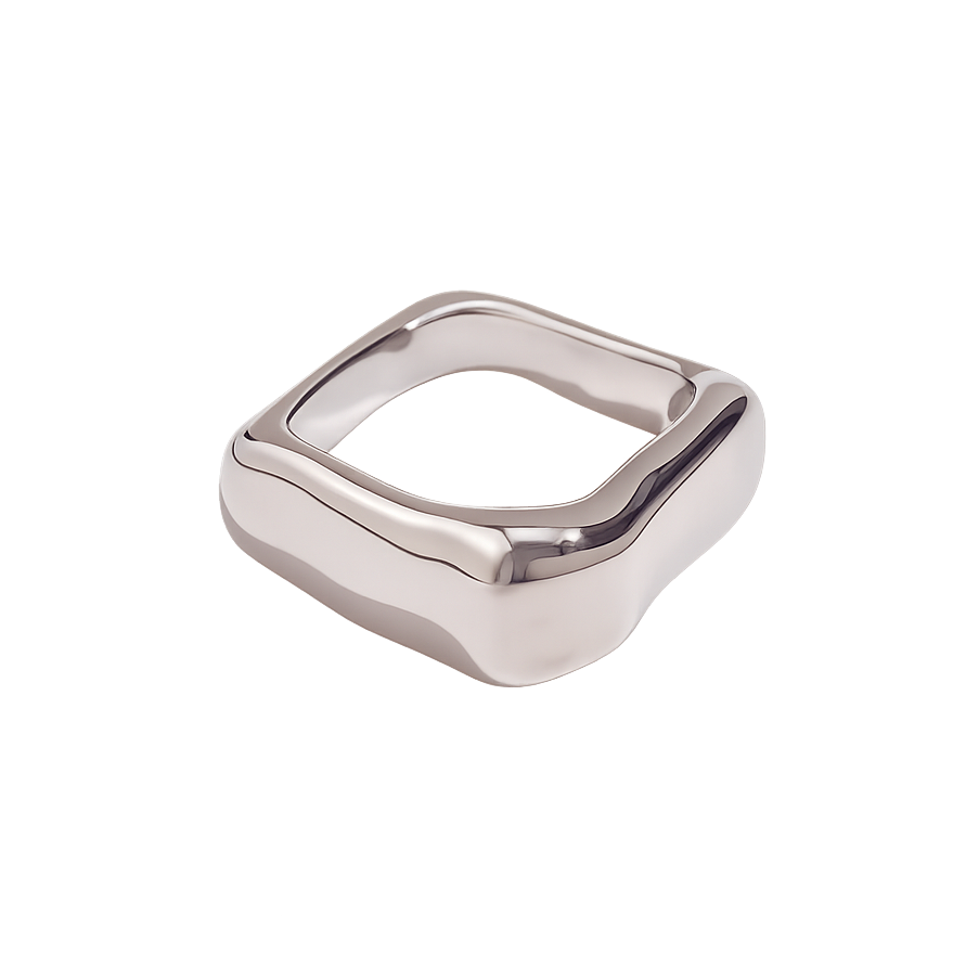 Silver ring with a modern design on a white background