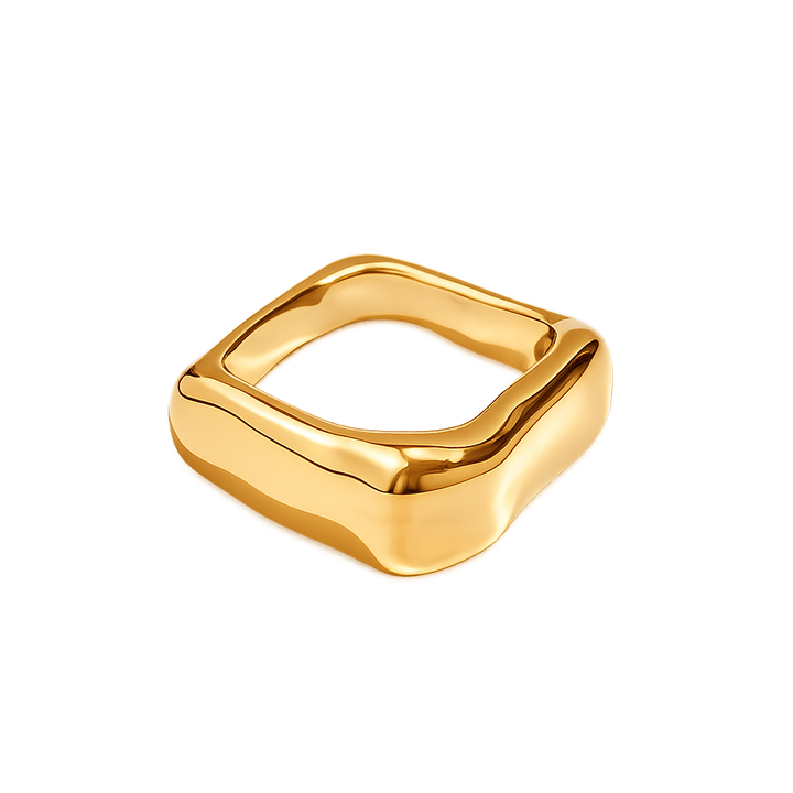 Gold ring with a modern design on a white background