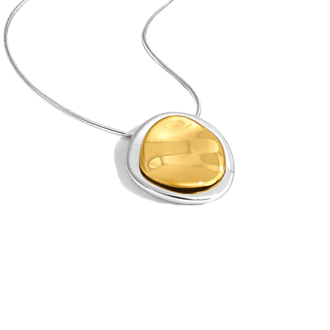 Gold pendant on a silver chain against a white background