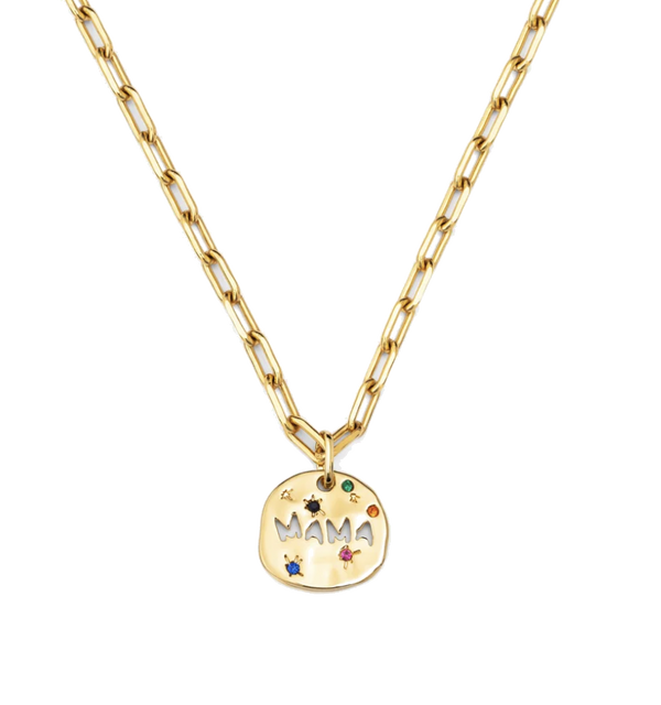 Gold necklace with a 'MAMA' pendant on a white background