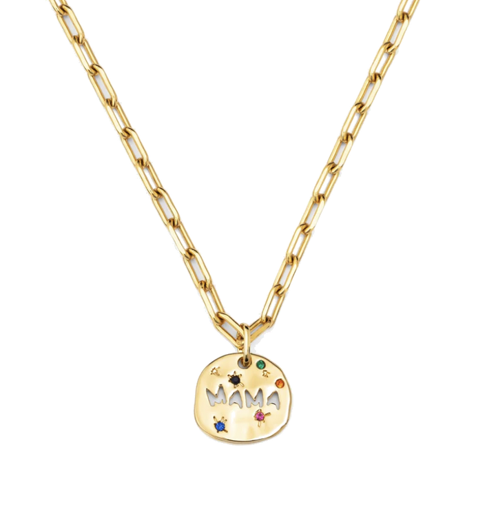 Gold necklace with a 'MAMA' pendant on a white background