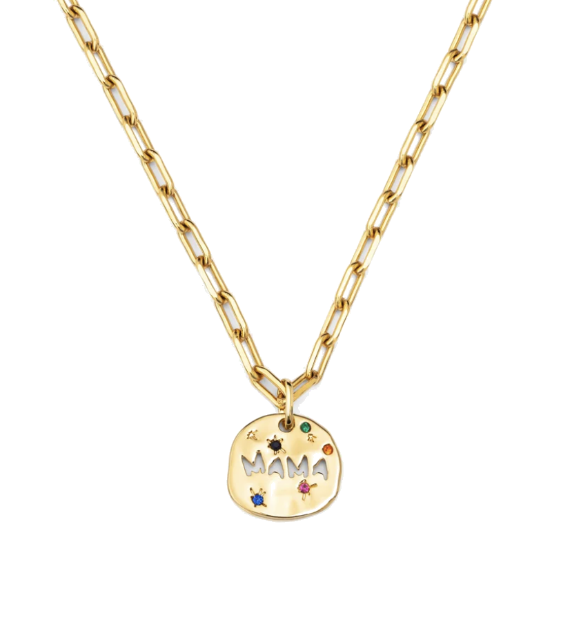Gold necklace with a 'MAMA' pendant on a white background