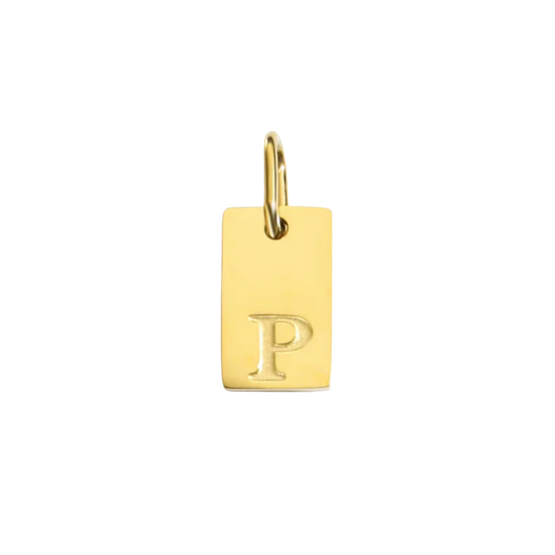 Gold pendant with letter 'P' on a white background