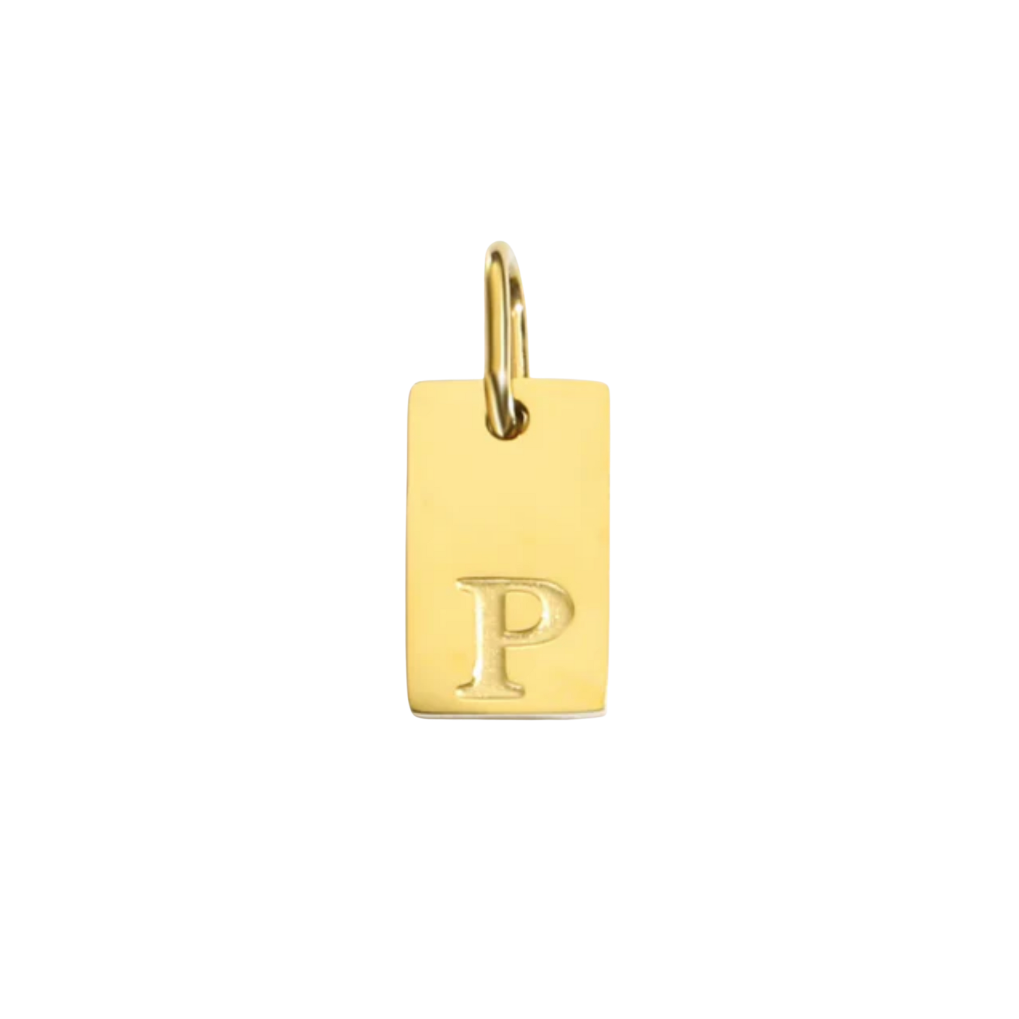 Gold pendant with letter 'P' on a white background
