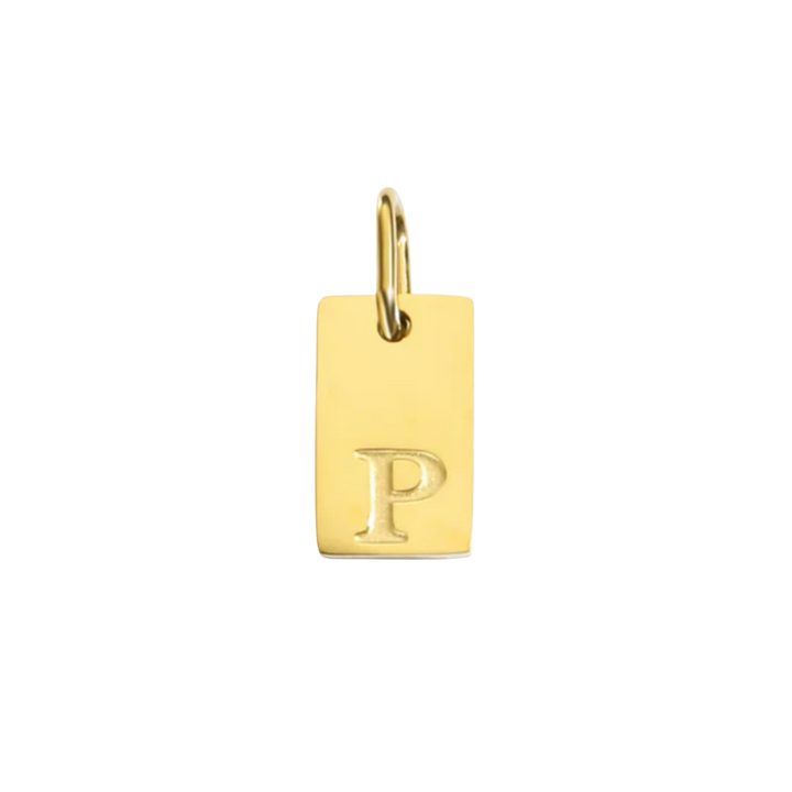 Gold pendant with letter 'P' on a white background