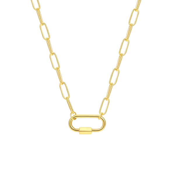 Gold chain necklace with a unique clasp on a white background