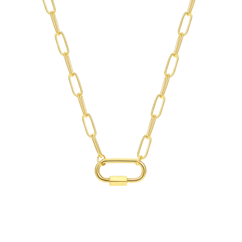Gold chain necklace with a unique clasp on a white background