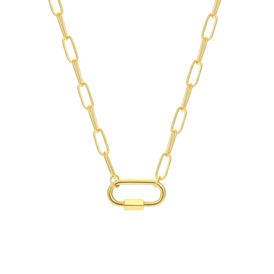 Gold chain necklace with a unique clasp on a white background
