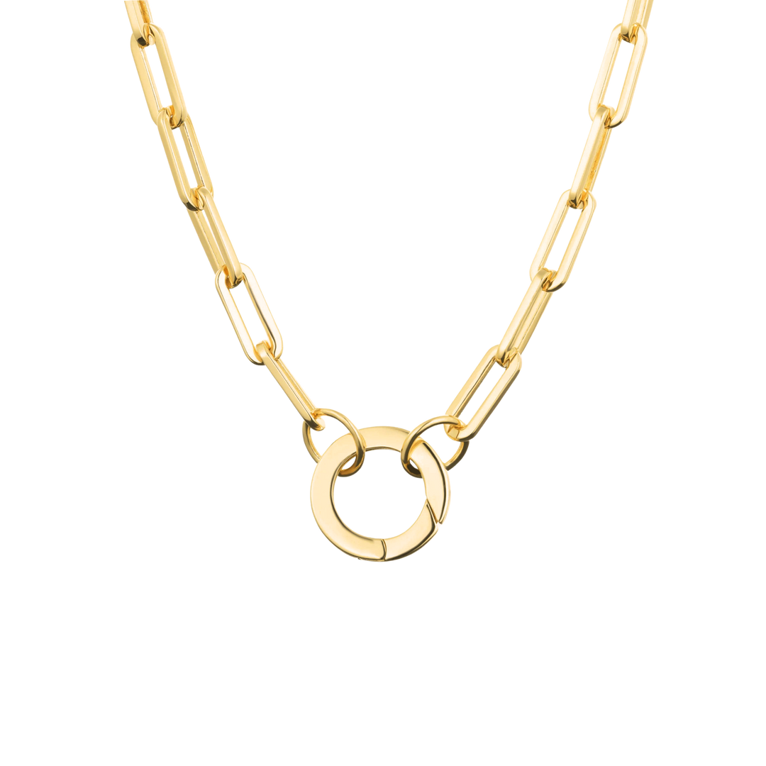 Gold chain necklace with a circular pendant on a white background