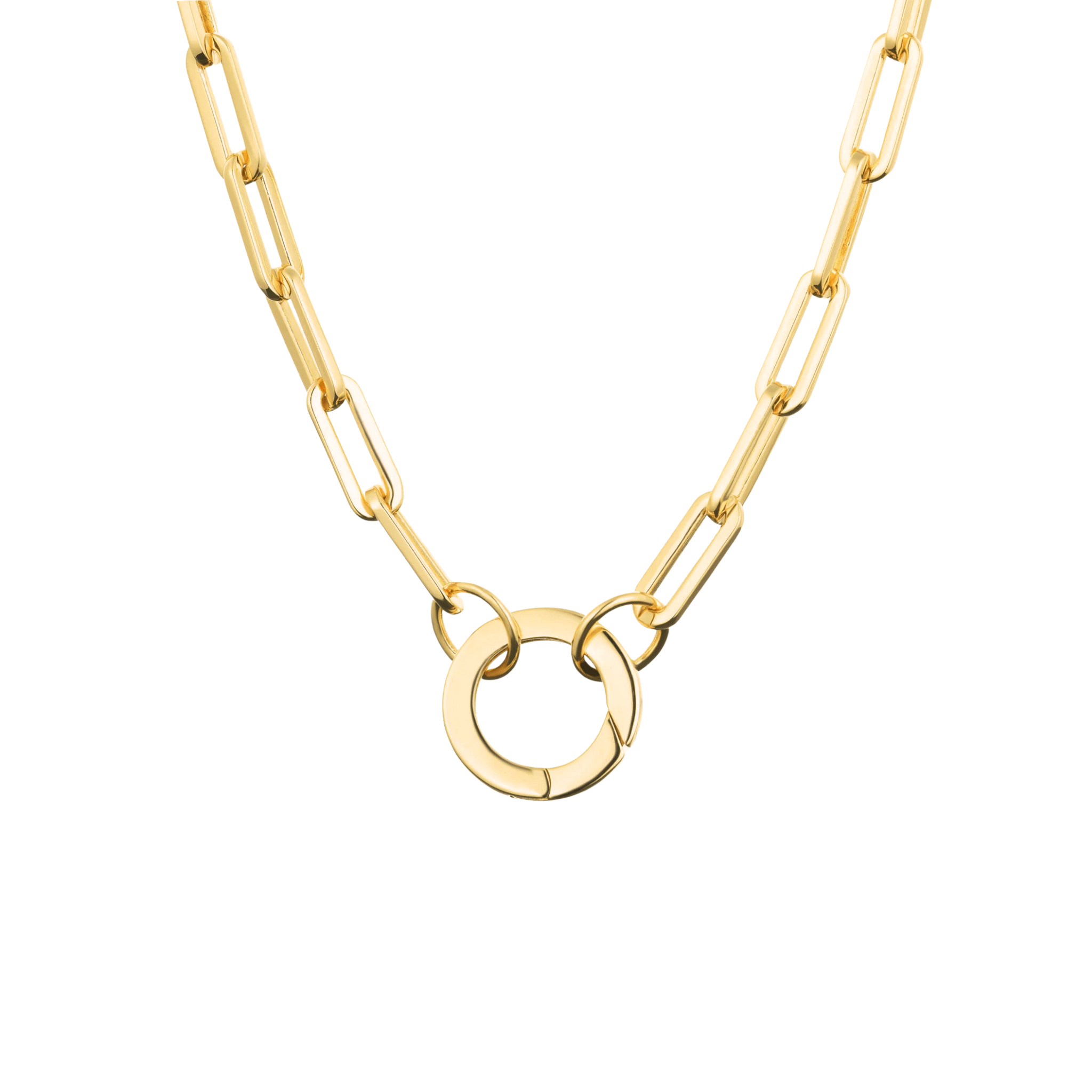 Gold chain necklace with a circular pendant on a white background