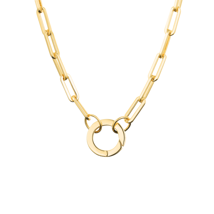 Gold chain necklace with a circular pendant on a white background