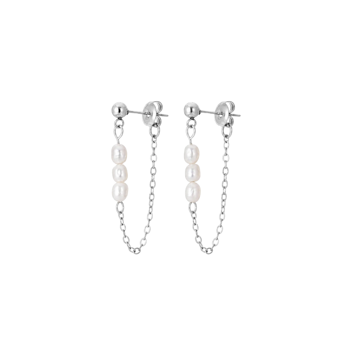 A pair of silver hoop earrings with a dangling chain and three white freshwater pearls, shown against a plain white background.