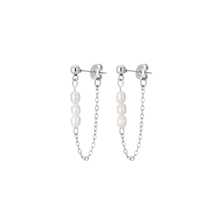 A pair of silver hoop earrings with a dangling chain and three white freshwater pearls, shown against a plain white background.