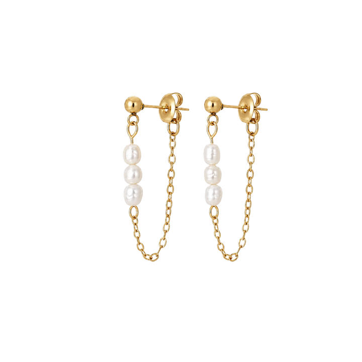 A pair of gold hoop earrings with a dangling chain and three white freshwater pearls on each earring, shown against a plain white background.