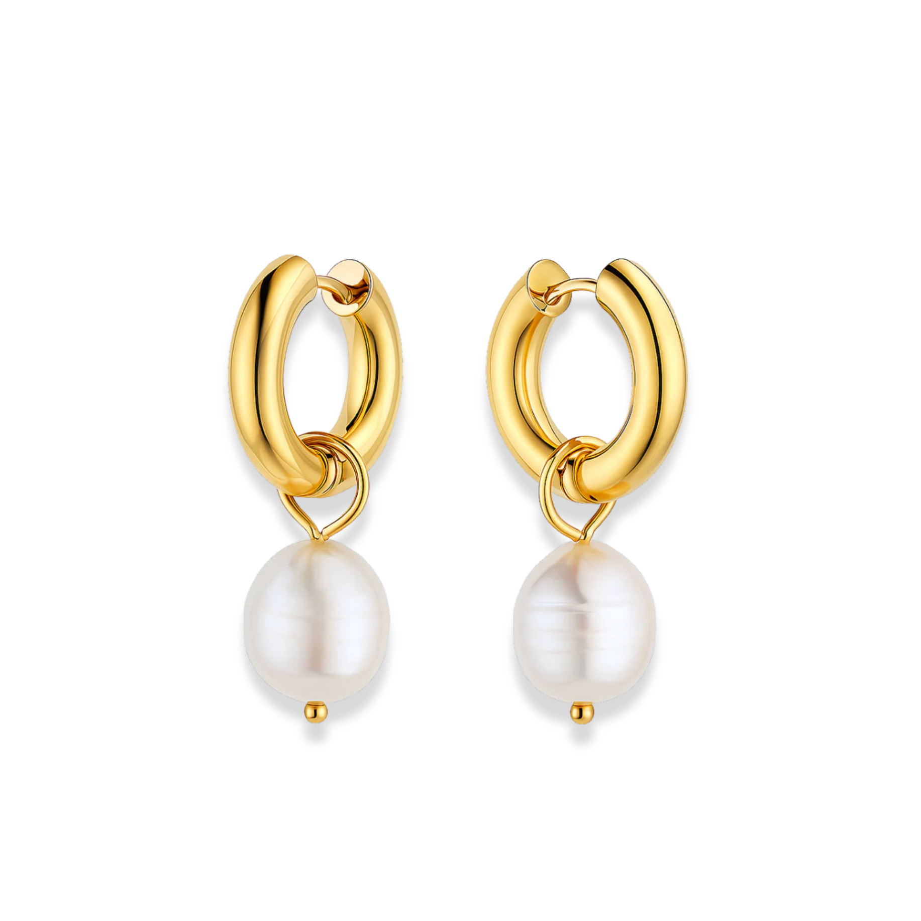 Gold hoop earrings with pearl drops on a white background