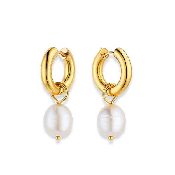 Gold hoop earrings with pearl drops on a white background