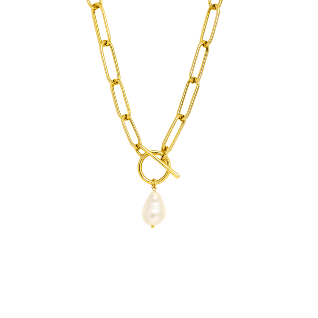 Gold chain necklace with a pearl pendant on a white background