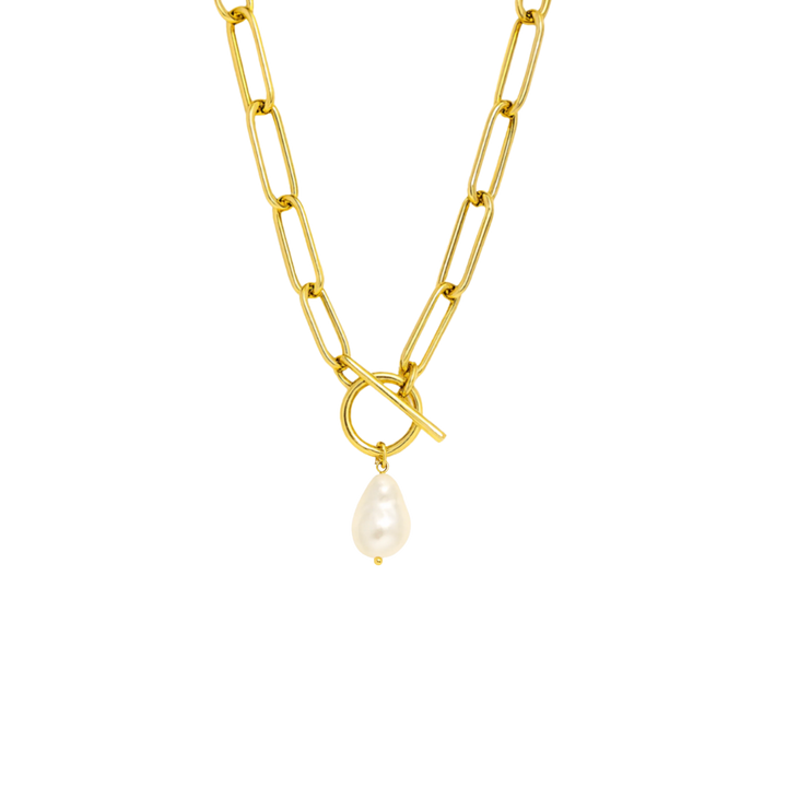 Gold chain necklace with a pearl pendant on a white background