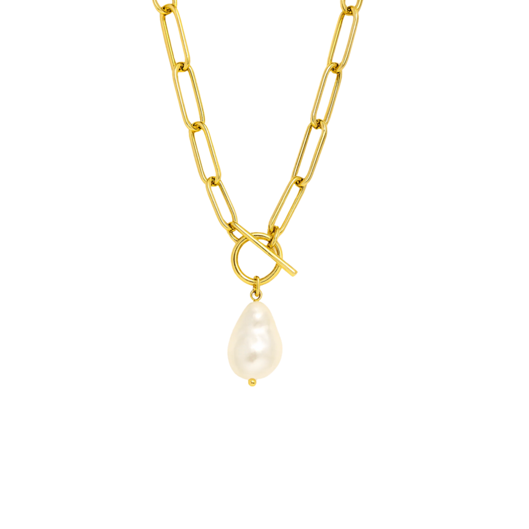 Gold chain necklace with a pearl pendant on a white background