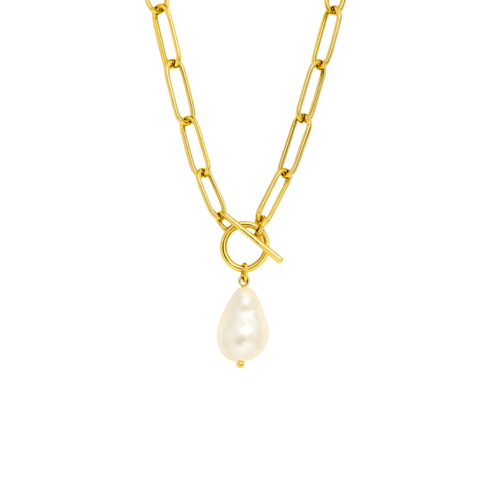 Gold chain necklace with a pearl pendant on a white background