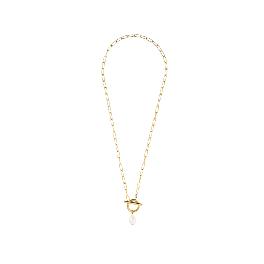 Gold necklace with a small pendant on a white background