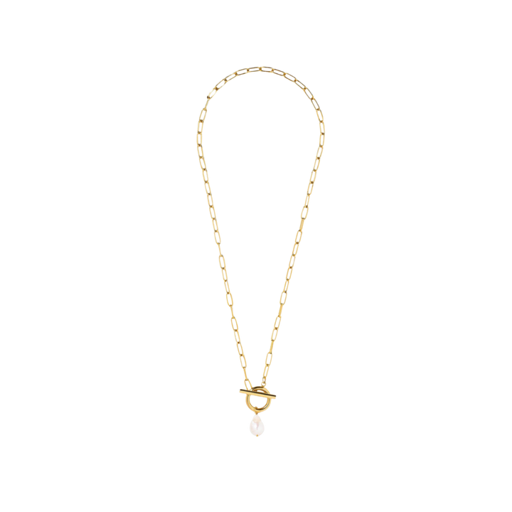 Gold necklace with a small pendant on a white background