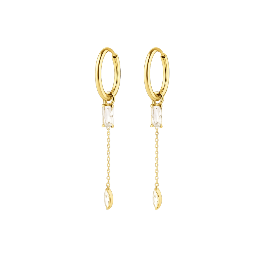Gold hoop earrings with clear gemstones on a white background