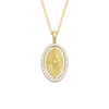Gold pendant necklace with diamond accents on a white background