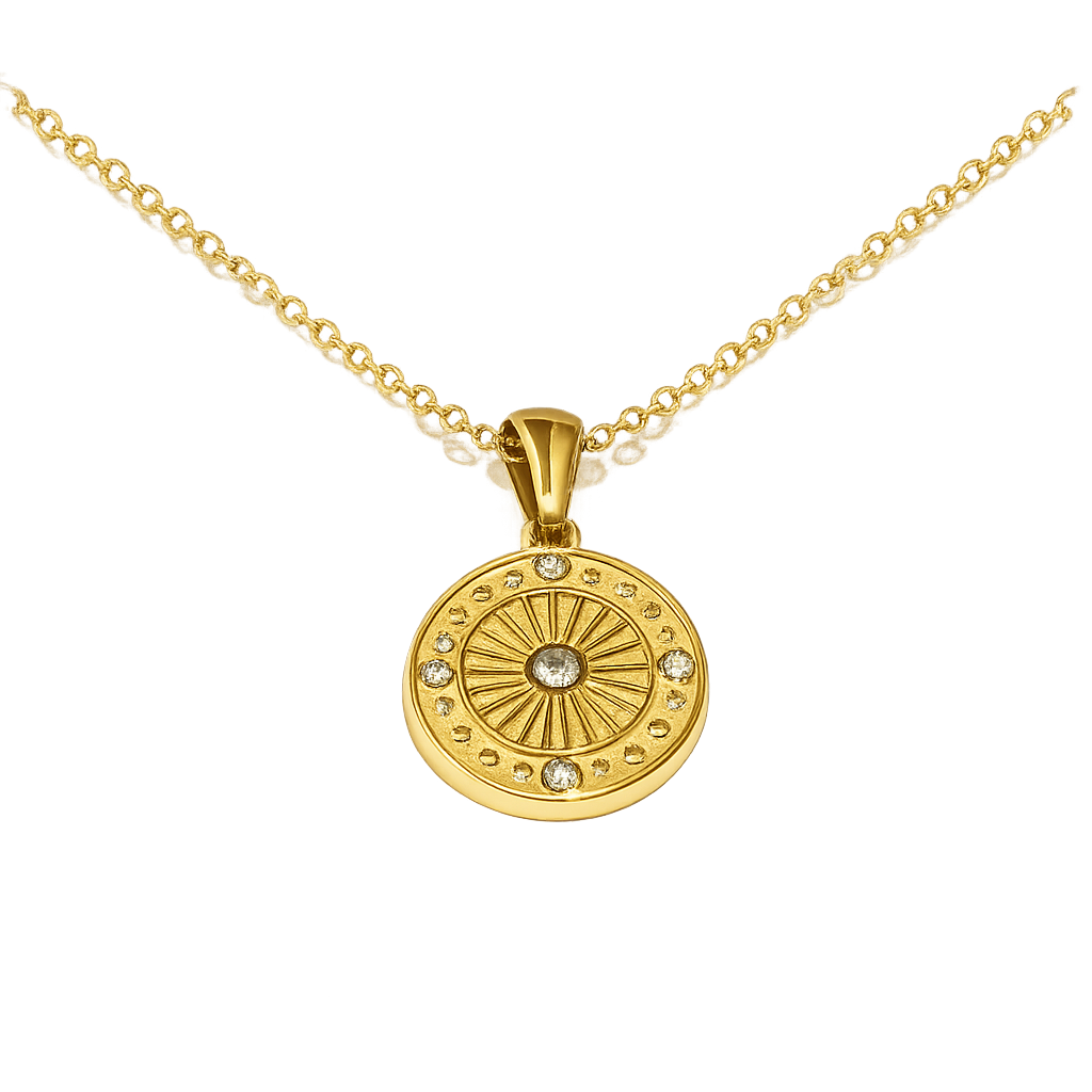 Gold necklace with a round pendant on a white background