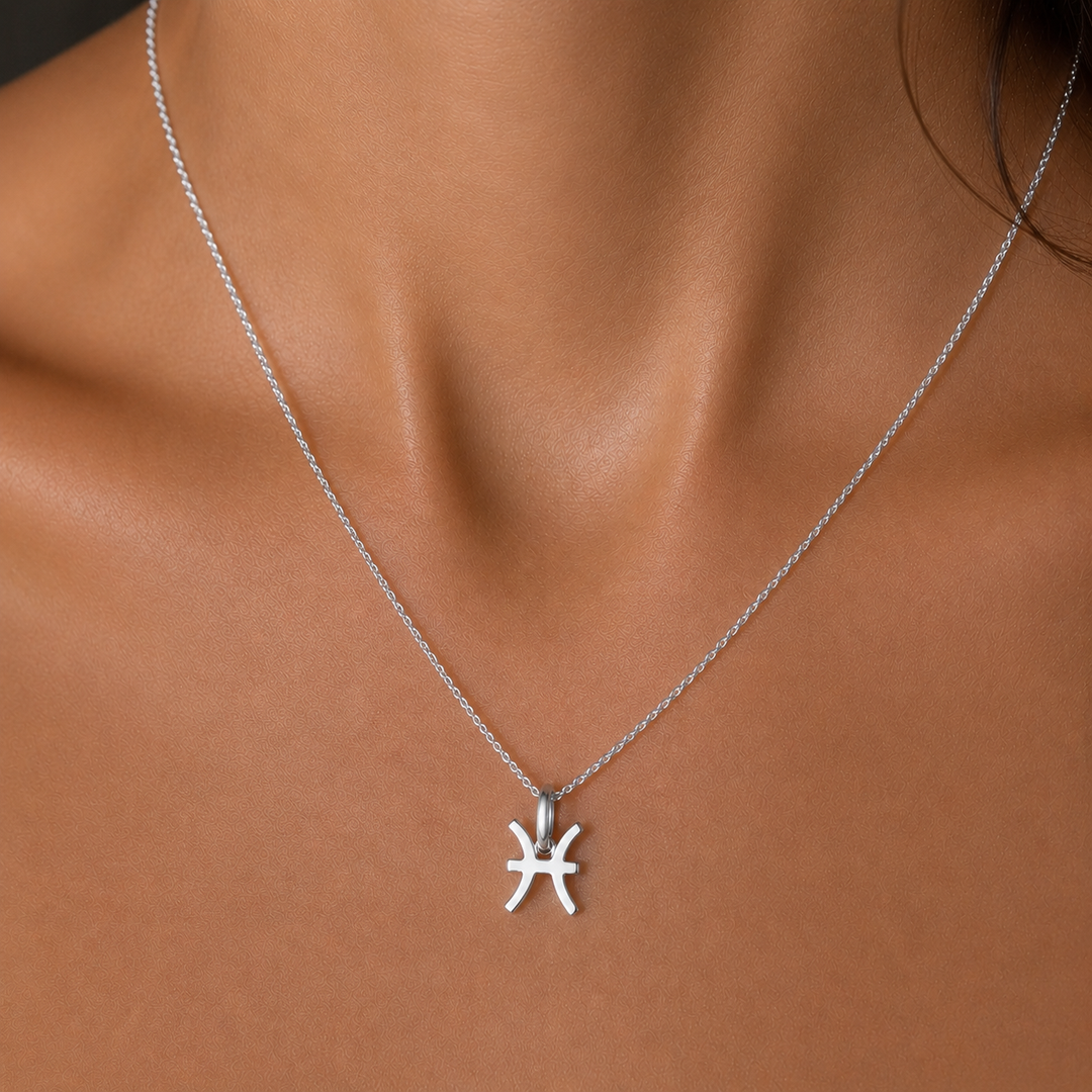 Silver necklace with a star pendant on a person's neck