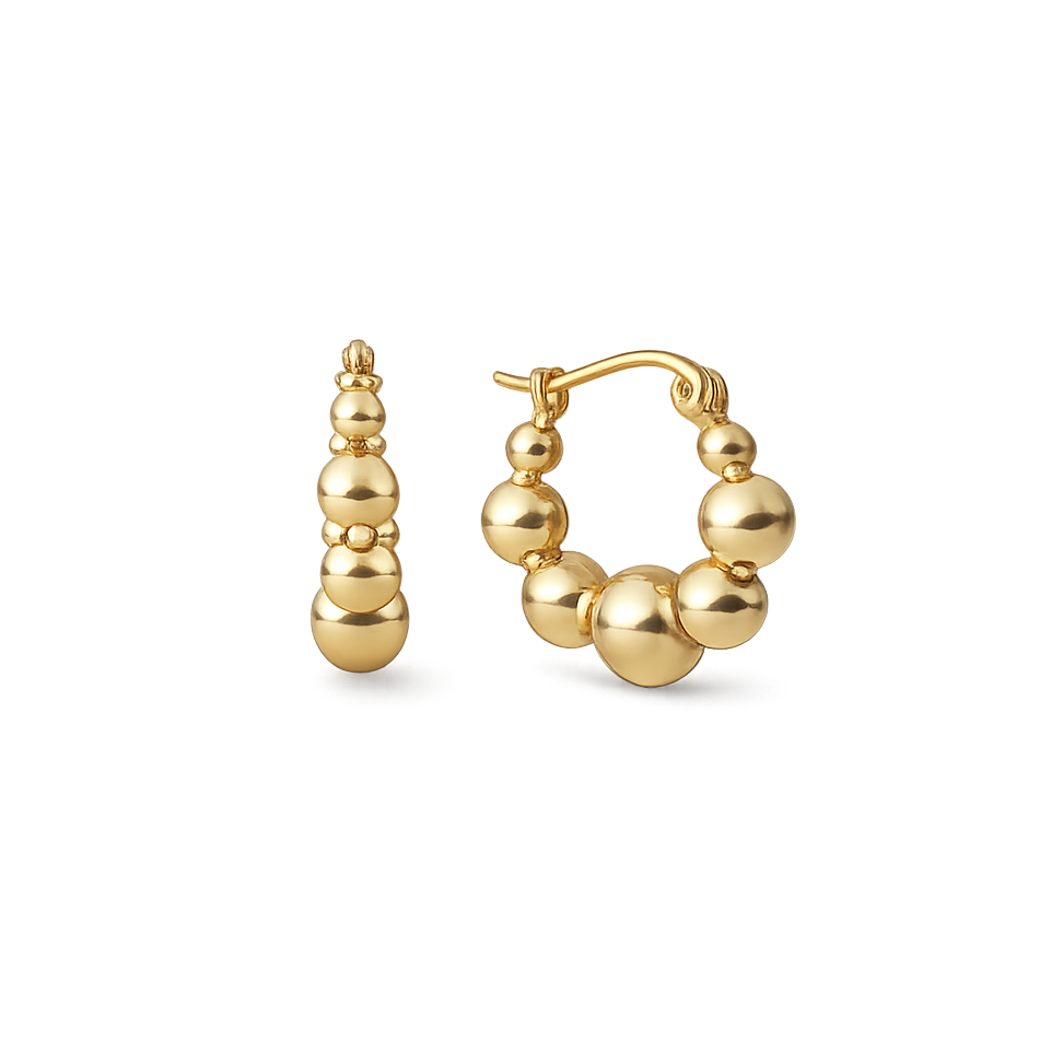 Gold hoop earrings with spherical beads on a white background