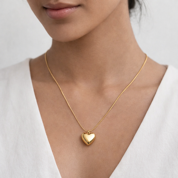 Gold heart-shaped necklace worn by a person against a white background