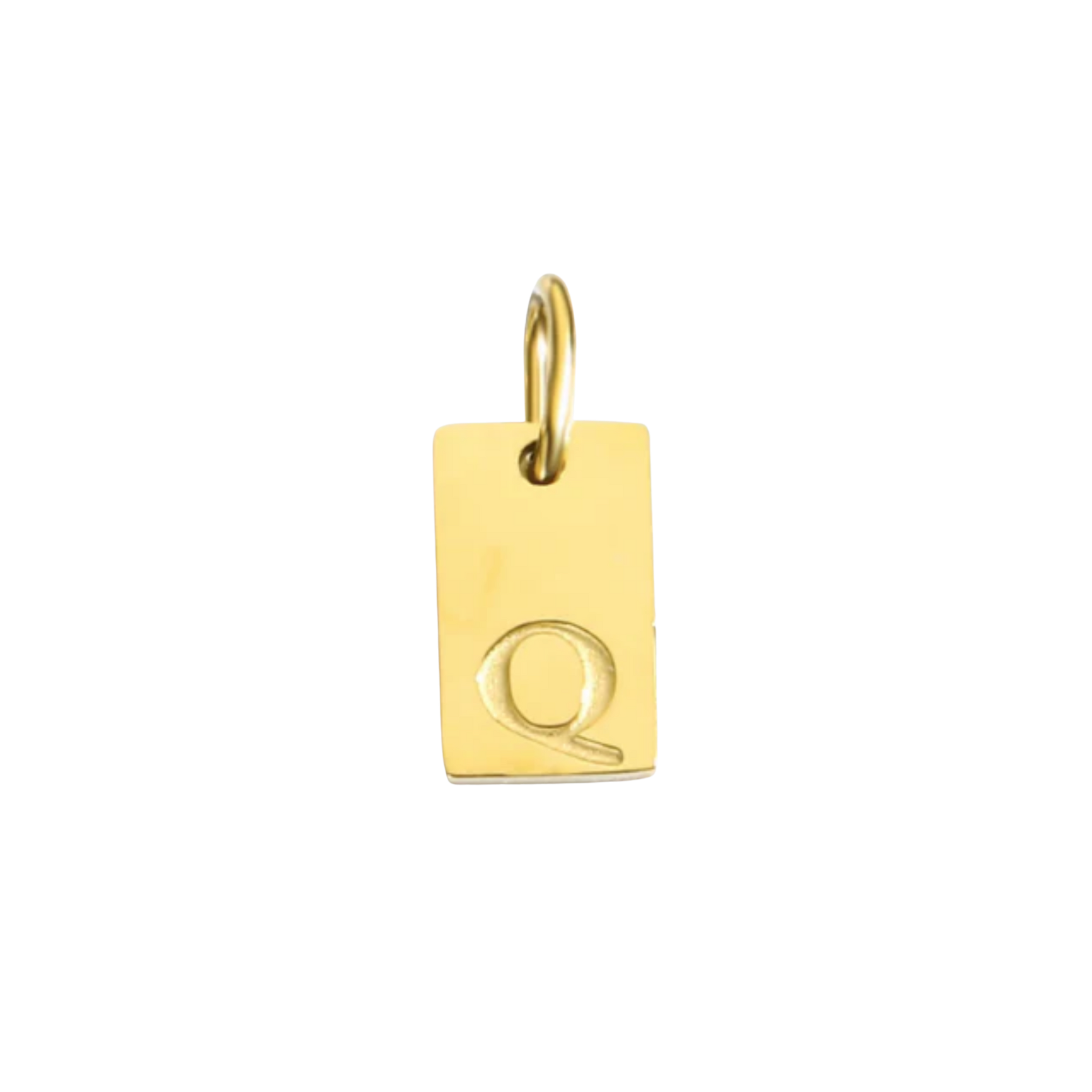 Gold pendant with letter 'Q' on a white background